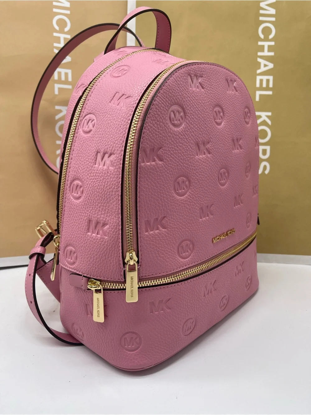 Michael Kors Rhea Medium Zip MK Logo Debossed Backpack Carnation NWT
